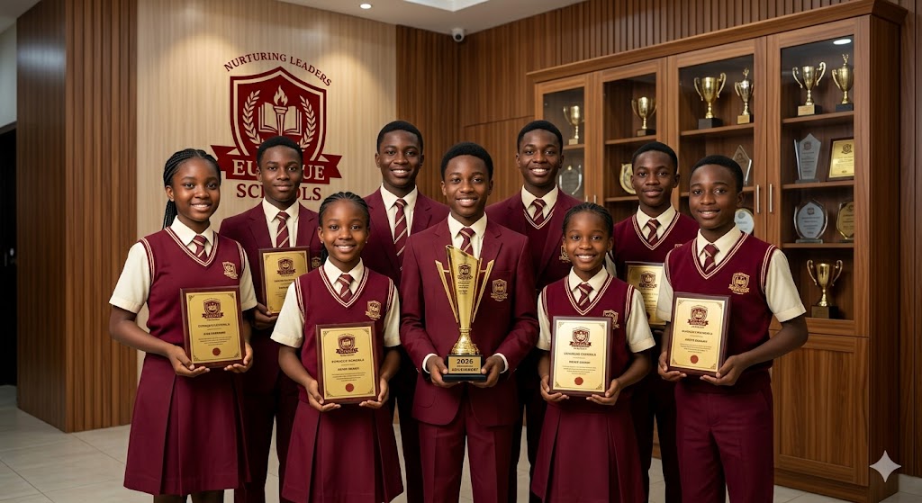 Proud students with trophies